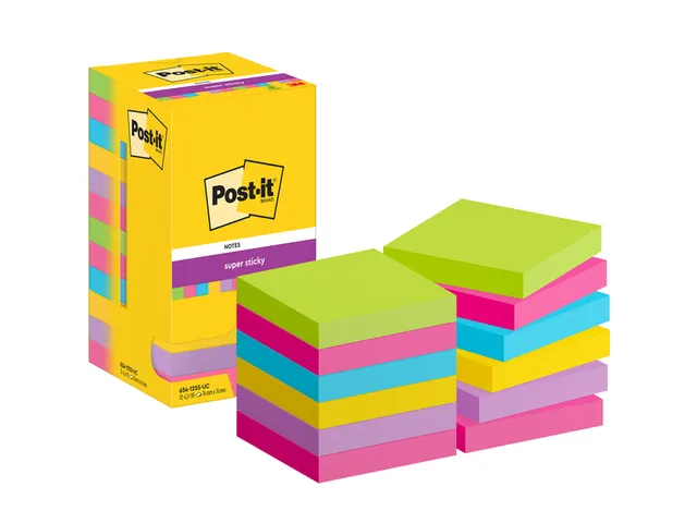Memoblok Post-it 654 Super Sticky 76x76mm 90 vel rainbow 12 stuks