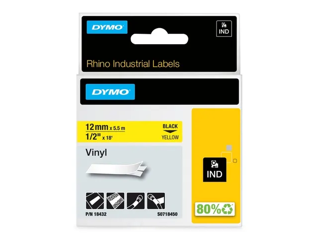 Labeltape Dymo Rhino 18432 12mmx5.5m Vinyl Zwart Op Geel