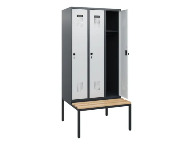 locker met bank,HxBxD 1950x900x815mm,3vak,vak B 300mm,draaigrendel
