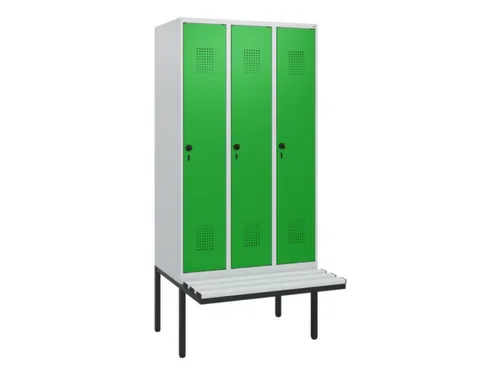 locker met bank,HxBxD 1950x900x815mm,3vak,vak B 300mm,draaigrendel