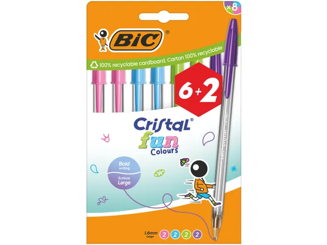 Stylo bille BIC Cristal fun Large Assorti étui 6 +2 gratuits