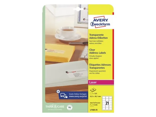Etiquettes laser Avery 63,5x38,1mm transparent 25 feuilles