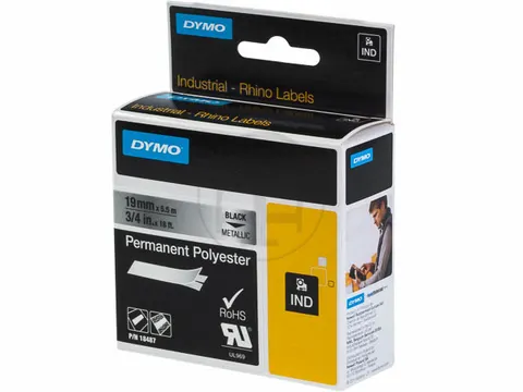 Dymo Rhino 18487 Permanente Polyester Tape Zwart Op Gemetaliseerd 19mm
