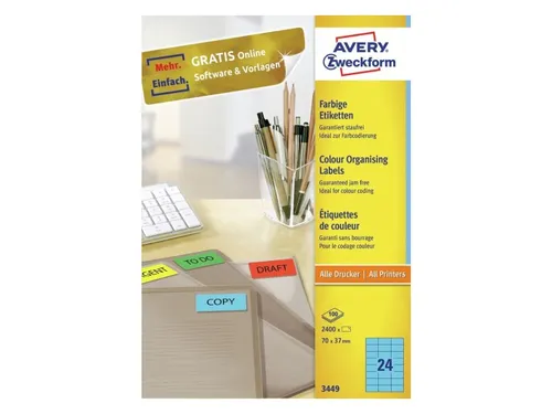 Gekleurd Etiket Avery Zweckform 70x37mm Blauw 2400 stuks