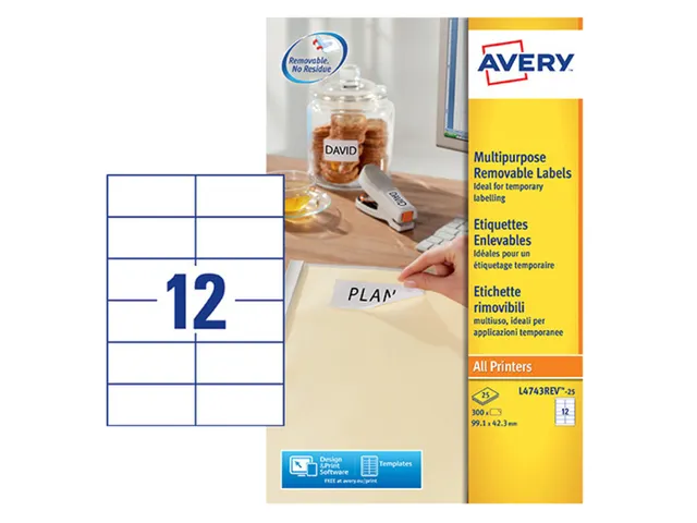 Etiket Avery L4743REV-25 99.1X42.3mm Afneembaar Wit 300 Stuks