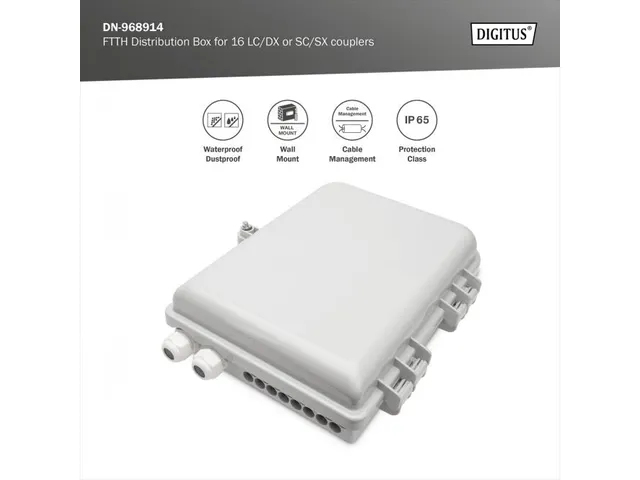Buiten FTTH-box voor 16 kabels en 16x LC/DX of 16x SC/SX