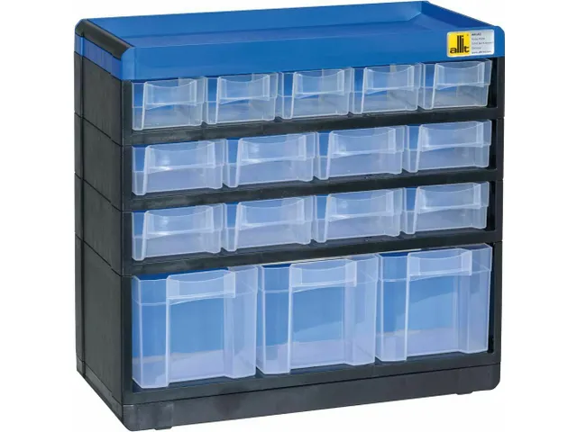 magazijnkast HxBxD 285x300x135mm 16laden behuizing zwart/blauw