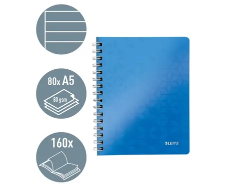 Notitieboek Leitz WOW A5 spiraal PP lijn blauw