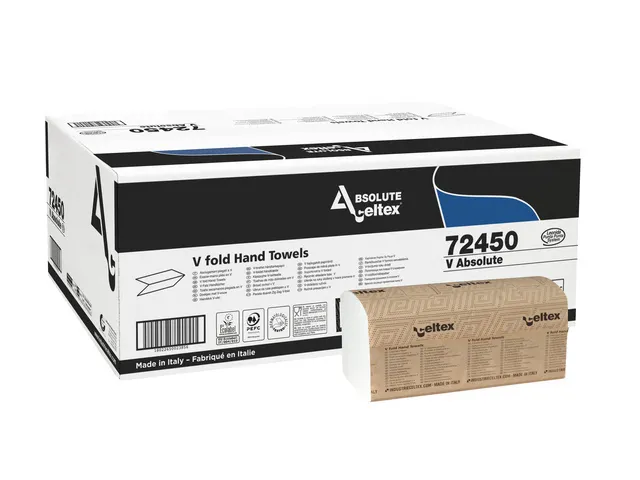 Handdoek Celtex Absolute V-vouw 2-laags wit doos 20 pak a 250 vel