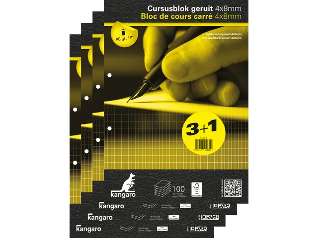 Cursusblok Kangaro A4 ruit 4x8mm 90 grams 100 vel pak 4 stuks