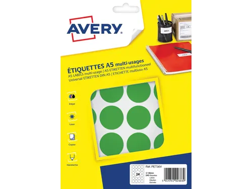 Avery PET30V ronde markeringsetiketten diameter 30mm groen