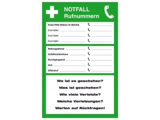 affiche,Noodnummers,PVC,groen/wit/zwart,om te verlijmen,HxB 300x200mm - 1