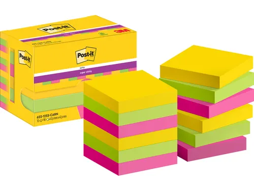 Memoblok Post-it 622 Super Sticky 47,6x47,6mm Carnival 12 stuks