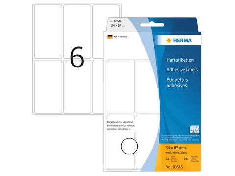 HERMA 10616 Verwijderbare universele etiketten 34x67mm Wit 144 stuks