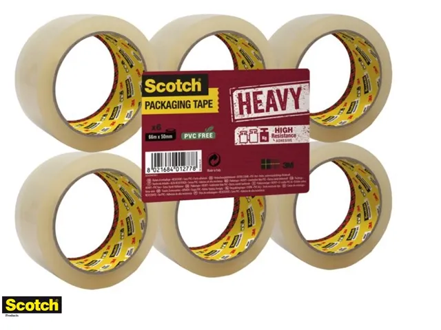 Verpakkingstape Scotch Heavy 50mmx66m PP transparant hotmelt 6 rollen