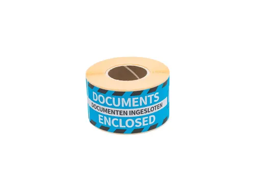 Gevaaretiket 46x125mm rol 250 stuks Documents enclosed EN/NL blauw