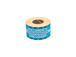 Gevaaretiket 46x125mm rol 250 stuks Documents enclosed EN/NL blauw