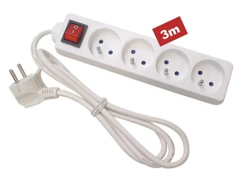 4-Voudige Stekkerdoos Met Schakelaar - 3m Kabel - WIT - Penaarde
