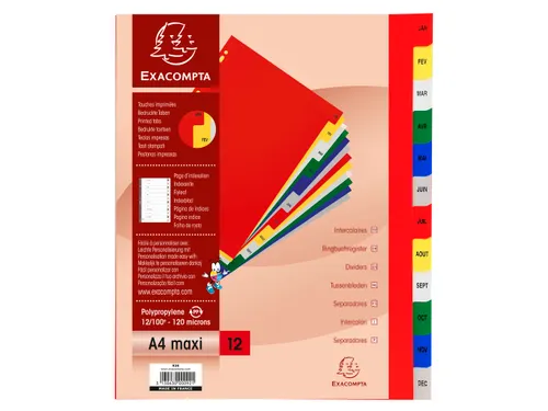 Bedrukte Tabbladen A4+ Jan-dec Assorti Pp 0.12mm 12-delig 11-gaats(FR)