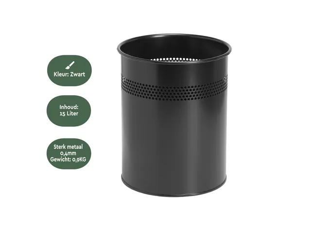 Papierbak BRASQ 15 liter zwart metaal rond