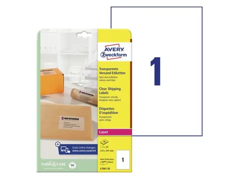 Etiket Avery Zweckform L7567-25 210x297mm A4 transparant 25 stuks