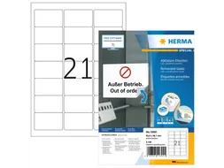 HERMA 10301 Verwijderbare etiketten A4 63,5x38,1mm Wit 2100 stuks