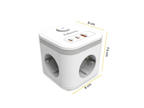 Stekkerblok Fellowes Power Cube F 3-voudig 1xUSB A 2xUSB C 2m wit