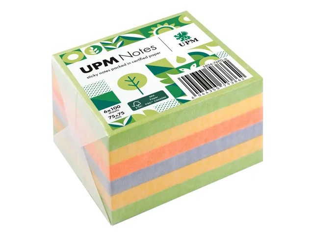 UPM notes 75x75 spring mix assorti pak 6x 100 vel groen, geel, oranje,