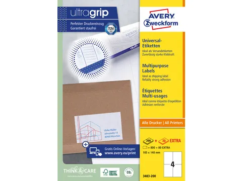 Etiket Avery Zweckform 3483-200 105x148mm A6 wit 800stuks