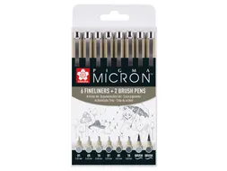 Fineliner Sakura Pigma Micron set à 6 schrijfbreedtes met twee brushp