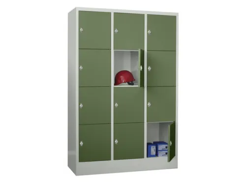 lockerkast,HxBxD 1850x1200x500mm,3x4vakken,RAL7035,front RAL6011
