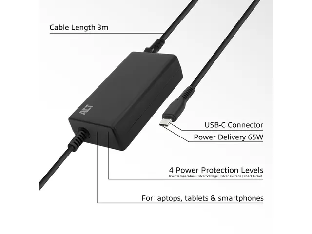 USB-C laptoplader met Power Delivery profielen 65W 3m