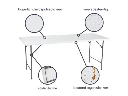 Vouwtafel weerbestendige Klaptafel 180x70x74cm HDPE Wit