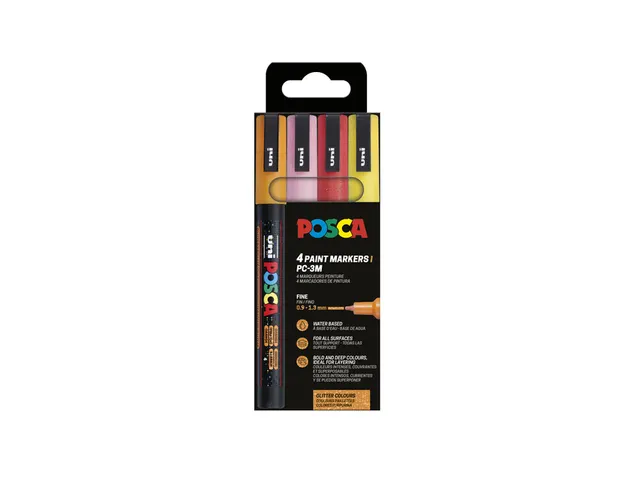 Verfstift Posca PC3M Fijne punt 0,9-1,3mm 4 stuks glitter kleuren warm