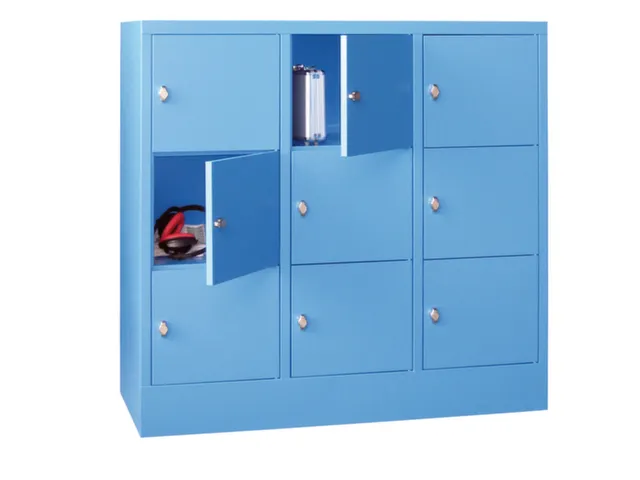 lockerkast,HxBxD 1187x1200x500mm,3x3vakken,RAL7035,front RAL5010