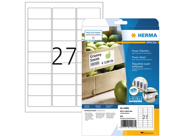 HERMA 10903 Power Etiketten A4 63,5x29,6mm Wit 675 stuks