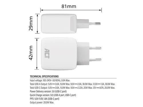 Oplader ACT 20w 2-poorts usb a+c wit