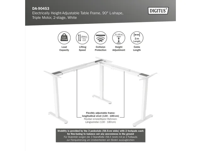 Elektrisch in hoogte verstelbaar tafelframe L-vormig Wit