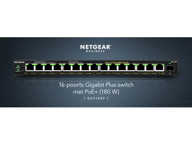 16-poorts PoE+ Gigabit Ethernet Plus-switch (180 W) met 1 SFP Poort