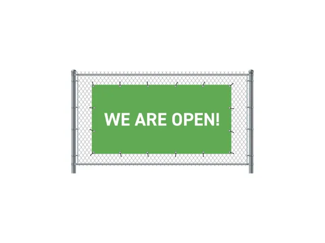 Hekwerkbanner 200x100 cm Groen met Engelse Print We Are Open