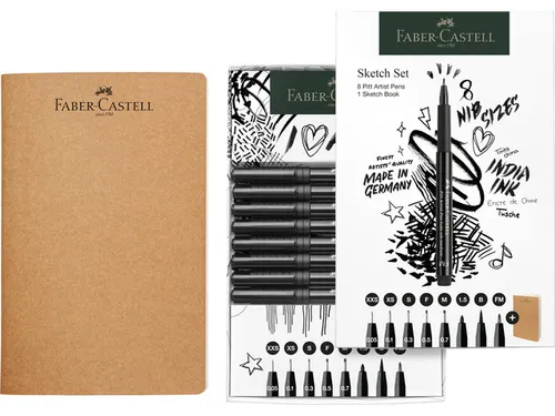 Tekenset Faber-Castell 8x pitt artist pen zwart incl. schetsboek 140gr
