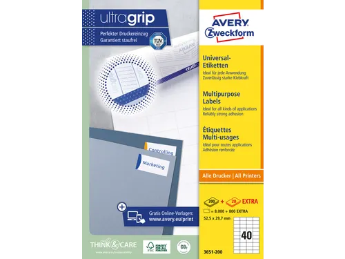 Etiket Avery 3651-200 52.5x29.7mm wit 8000 stuks