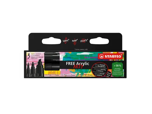 Acrylmarker STABILO Free Acrylic Mixed Tip set à 3 breedtes zwart