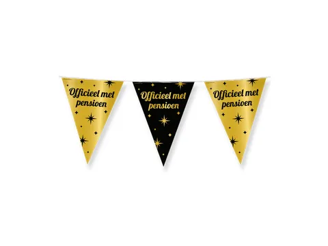 Slinger Folie vlaggen Party Flag Foil 'Pensioen' Goud-Zwart 30cmx10m