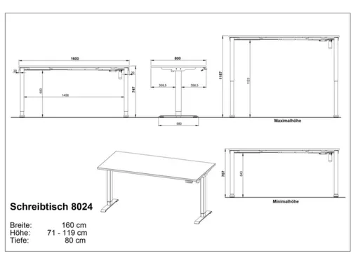 Elektrisch ihv bureau,HxBxD 710-1190x1600x800mm,blad zwart
