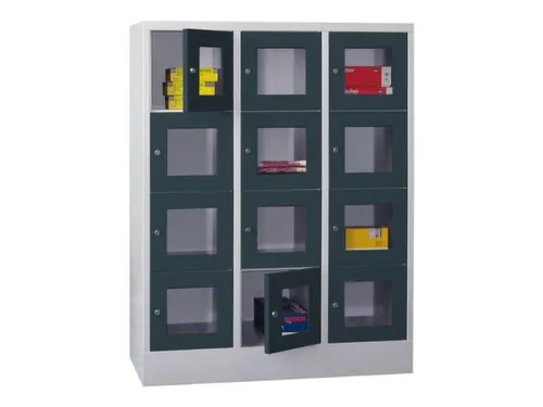 lockerkast,HxBxD 1518x1200x500mm,3x4vakken,RAL7035,front RAL7016
