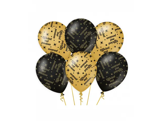 Ballonnen Classy party balloons 'Pensioen' 30cm Goud-Zwart 6 stuk