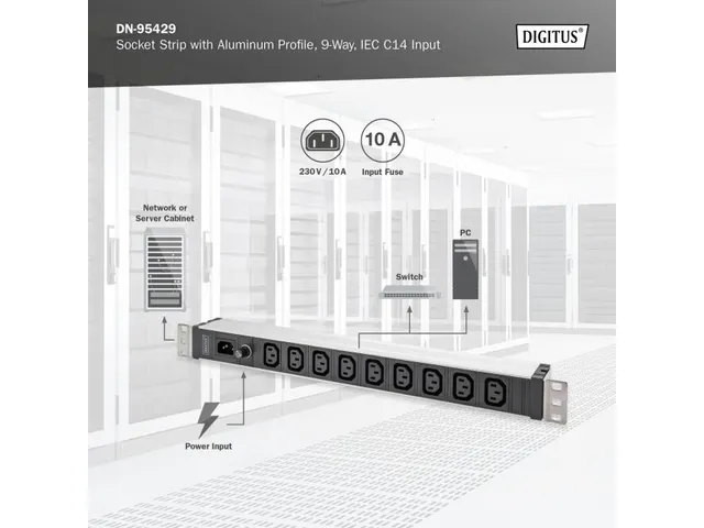 Stekkerdoos Met Aluminium Profiel, 9-voudig, IEC C14 ingang 10 A-zeker
