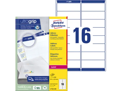 Adresetiket Avery QuickPeel L7162-250 99.1x33.9mm Wit 4000 Stuks