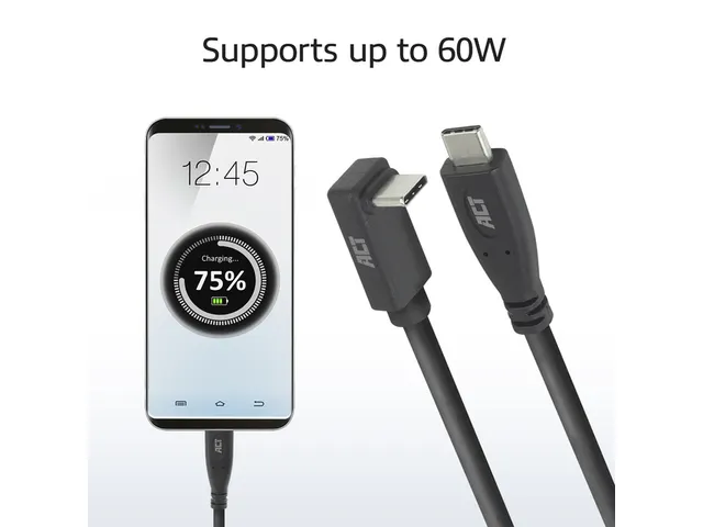 Kabel ACT USB-C standaard naar USB-C hoek boven/beneden 10Gbps 2m